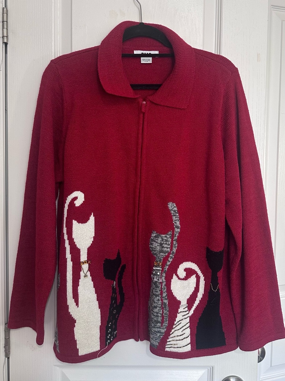 Alia Red Zip-Front Sweater Jacket with Cat Motif